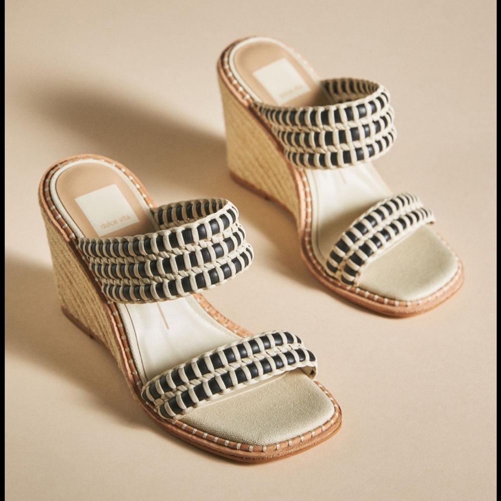 Dolce Vita Cream and Black Wedge Sandals with Elegant Detailing
